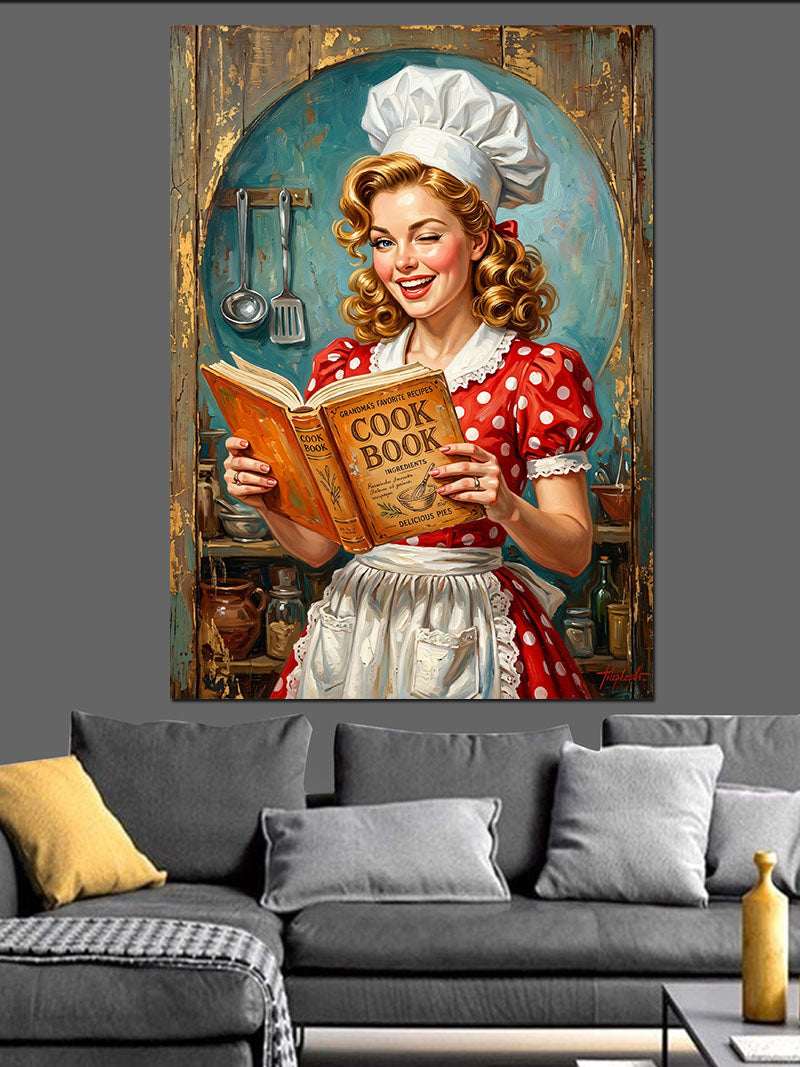 Yemek Kitabı Okuyan Pin-Up Aşçı Kadın Kanvas Tablo