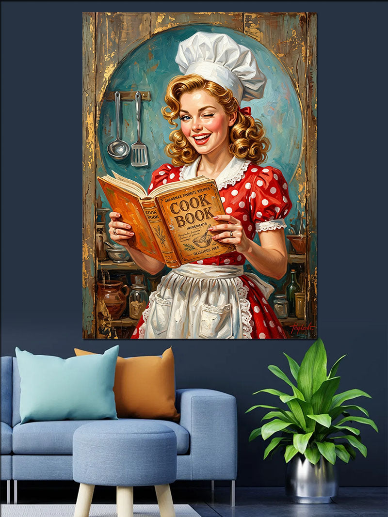 Yemek Kitabı Okuyan Pin-Up Aşçı Kadın Kanvas Tablo
