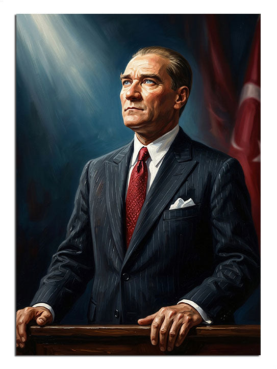 Işık huzmeli takım elbiseli Atatürk portresi ve bayrak, Atatürk tablosu.