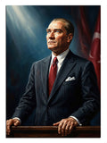Işık huzmeli takım elbiseli Atatürk portresi ve bayrak, Atatürk tablosu.