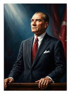 Işık huzmeli takım elbiseli Atatürk portresi ve bayrak, Atatürk tablosu.