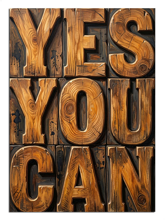Ahşap harfli Yes You Can yazısı, motivasyon simge tablosu.