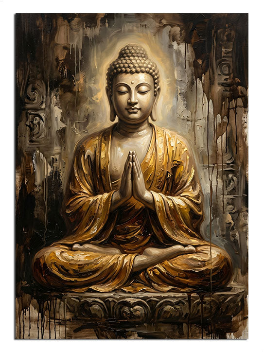 Lotus üzerinde meditasyon yapan Buda heykeli, dini tablo.