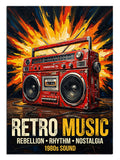 Retro Music yazılı kırmızı boombox ve patlama, müzik posteri tablosu.