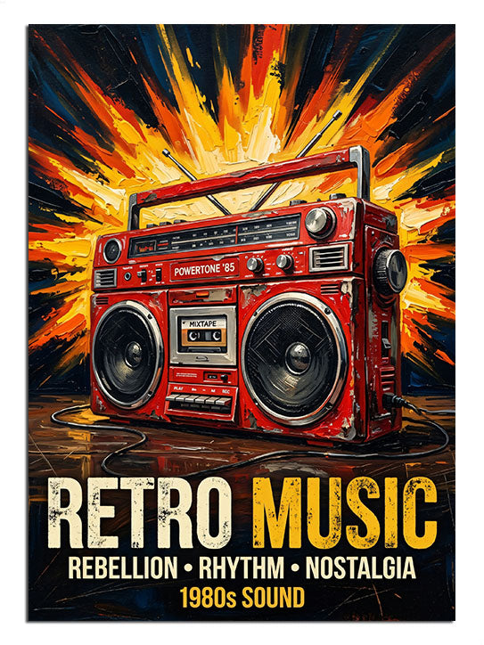 Retro Music yazılı kırmızı boombox ve patlama, müzik posteri tablosu.