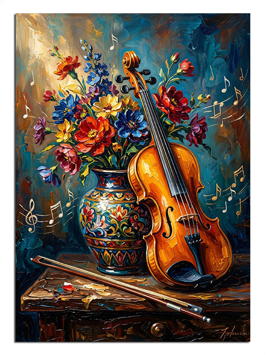 Vazoda renkli çiçekler ve keman ve notalar, müzik tablosu.