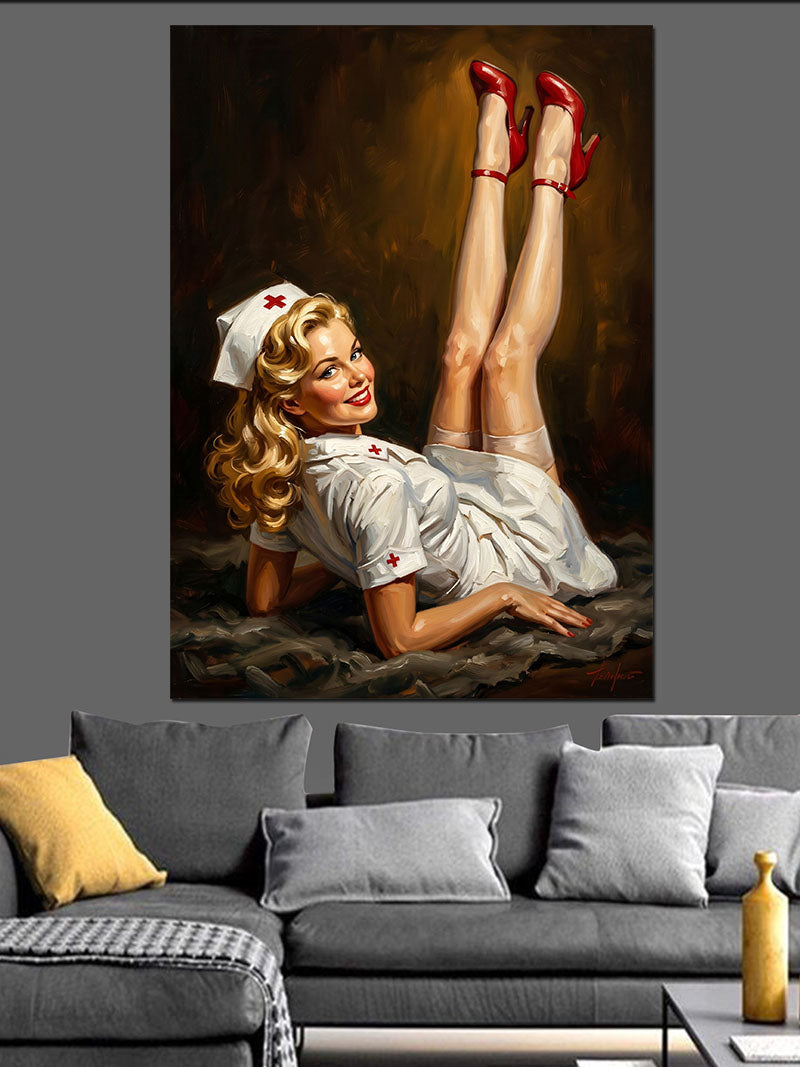 Kırmızı Topuklu Hemşire Pin-Up Kanvas Tablo