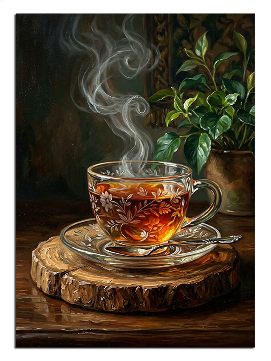Ahşap tabanda buharlı çay fincanı ve bitki, yiyecek tablosu.