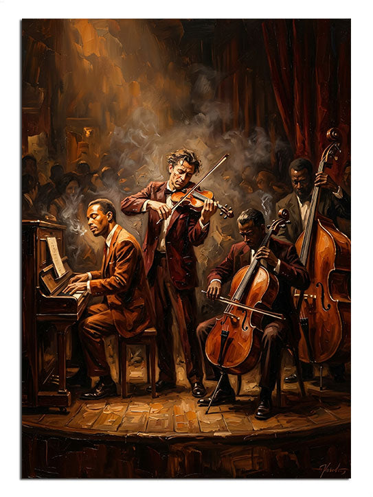 Piyano, keman, çello ve saksofon çalan caz grubu, müzik tablosu.