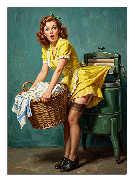 Çamaşır sepeti ve merdaneli makine yanında sarı elbiseli pin-up kadın, retro tablo.