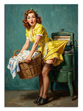 Çamaşır sepeti ve merdaneli makine yanında sarı elbiseli pin-up kadın, retro tablo.