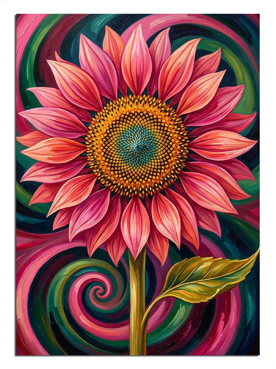 Renkli spiral fonda pembe ayçiçeği çiçeği, pop-art çiçek tablosu.