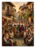 Sokakta fıçıda üzüm çiğneyen kalabalık ve müzisyenler, festival tablosu.