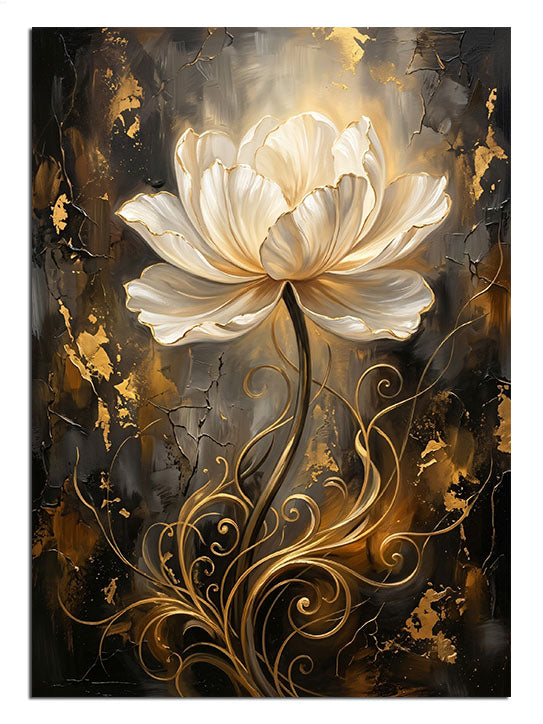 Siyah altın fonda beyaz lotus çiçeği ve altın dallar, lüks çiçek tablosu.