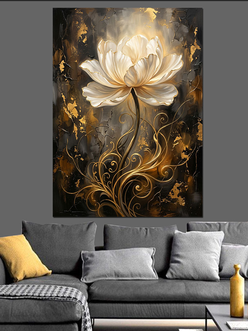Siyah Altın Fonda Beyaz Lotus Kanvas Tablo