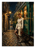 Gece tren yanında bekleyen şapkalı ve trençkotlu kadın, gizemli insan tablosu.