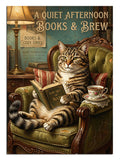 Koltukta kitap okuyan ve kahve içen kedi, mizahi hayvan tablosu.