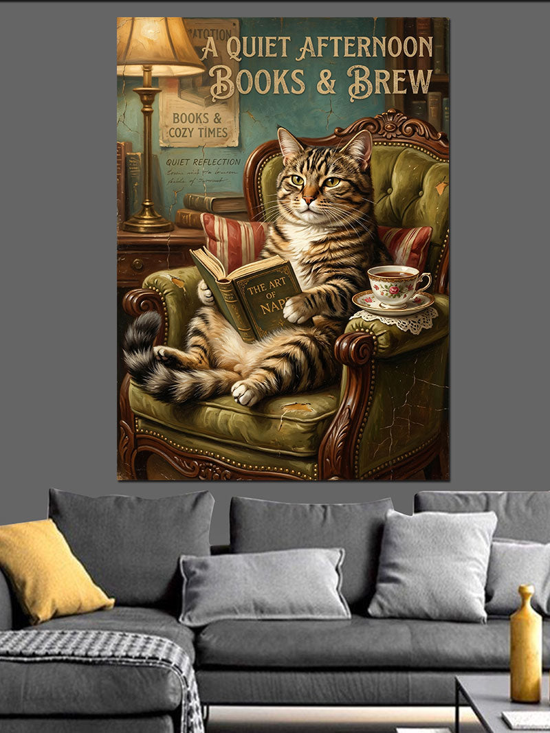 Kitap Okuyan Kedi ve Kahve Kanvas Tablo