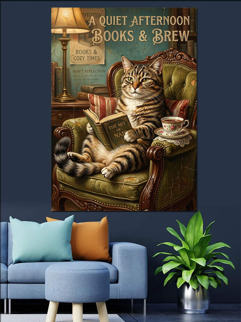 Kitap Okuyan Kedi ve Kahve Kanvas Tablo