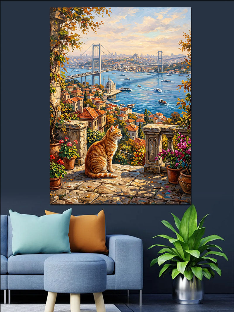 Boğaz Manzaralı Balkonda Kedi ve Çiçekler Kanvas Tablo