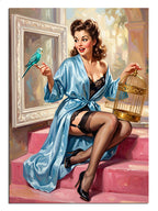 Kafes ve mavi kuş tutan mavi bornozlu pin-up kadın, retro tablo.