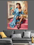 Kafesli Mavi Kuşlu Pin-Up Kadın Kanvas Tablo