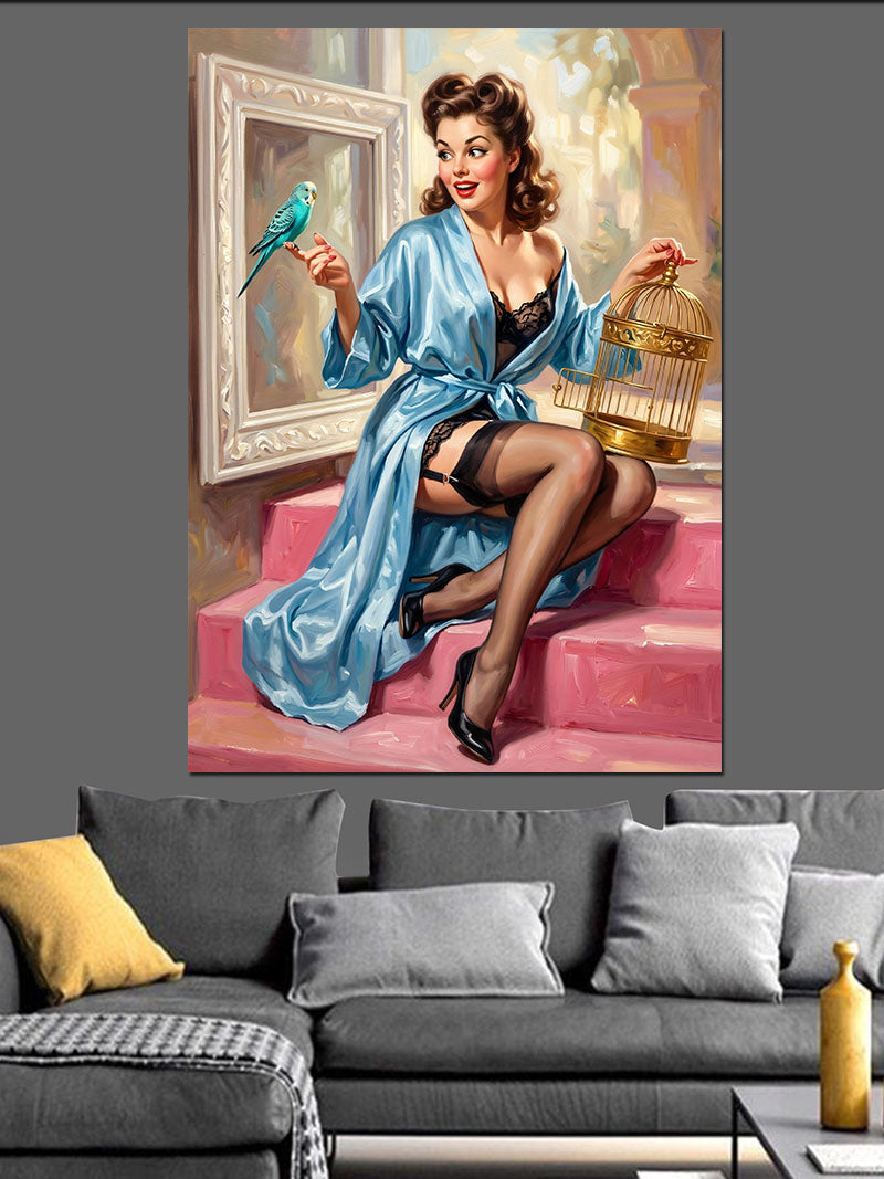 Kafesli Mavi Kuşlu Pin-Up Kadın Kanvas Tablo