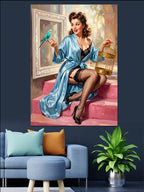 Kafesli Mavi Kuşlu Pin-Up Kadın Kanvas Tablo