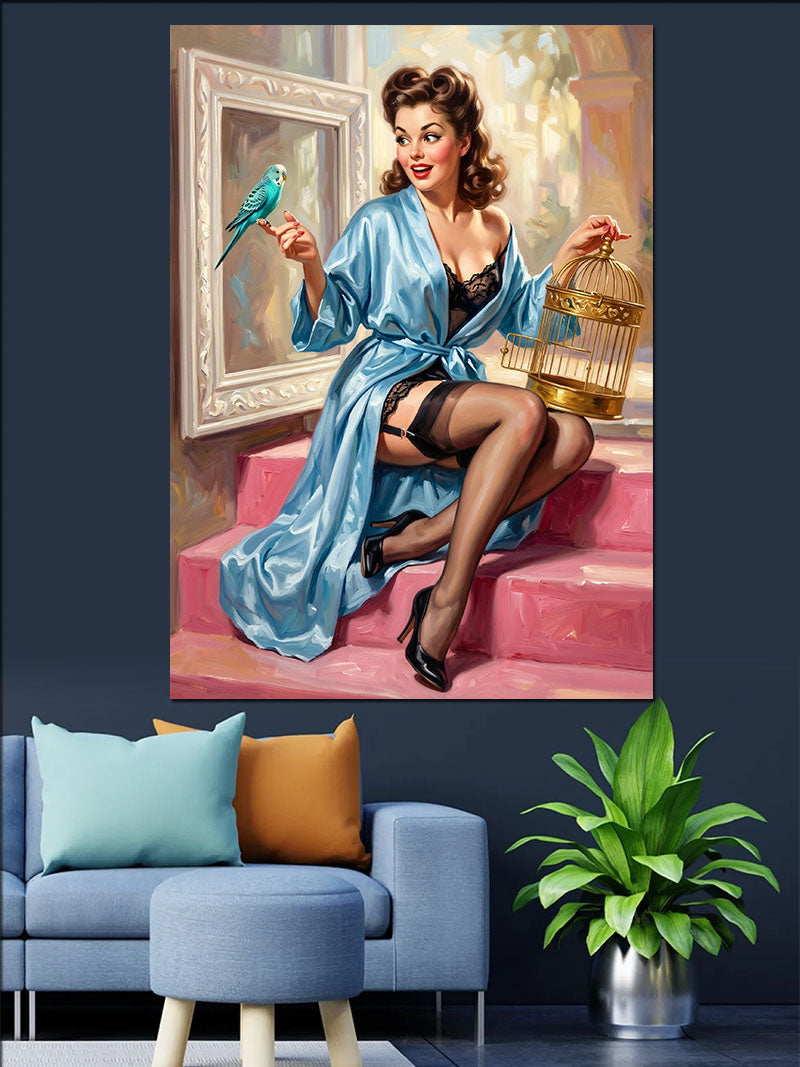 Kafesli Mavi Kuşlu Pin-Up Kadın Kanvas Tablo