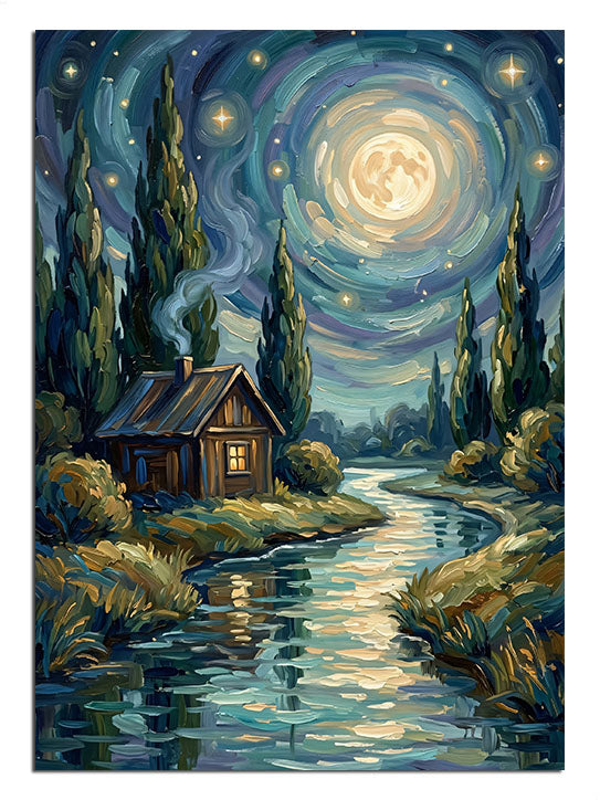 Dolunaylı gece nehir, kulübe ve çam ağaçları ve gökyüzü, manzara tablosu.