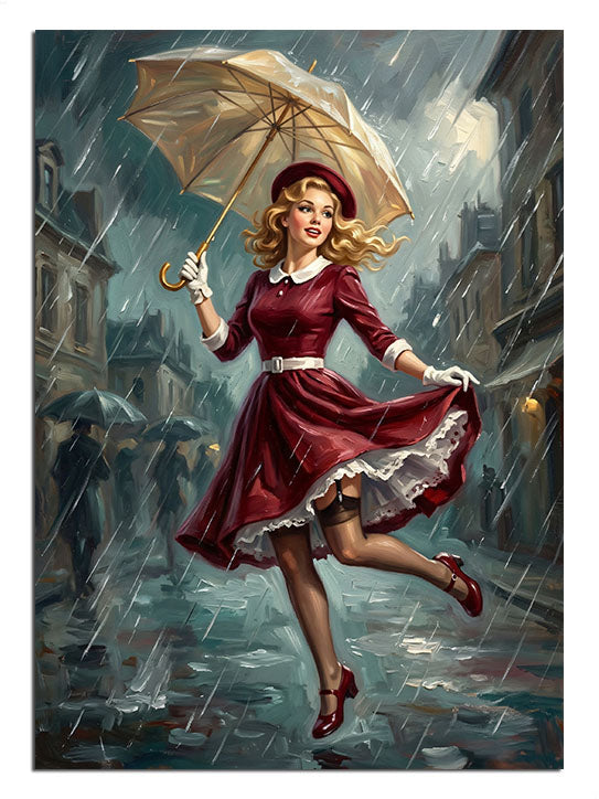 Yağmurda şemsiyeli koşan kırmızı elbiseli pin-up kadın, retro tablo.