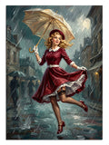 Yağmurda şemsiyeli koşan kırmızı elbiseli pin-up kadın, retro tablo.