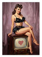 Kalpli eski televizyon üzerinde oturan pin-up kadın, retro tablo.