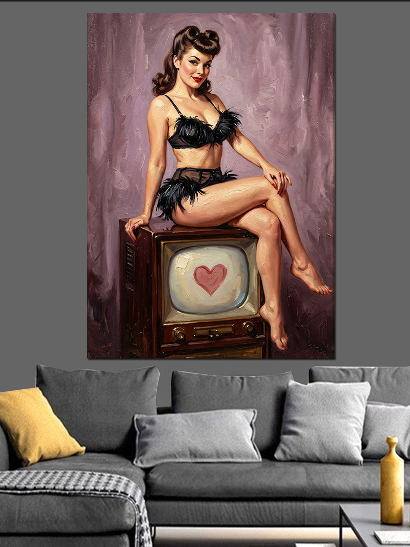 Eski Televizyon Üzerinde Pin-Up Kadın Kanvas Tablo