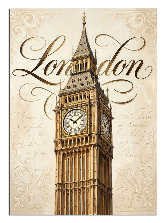 London yazılı Big Ben kulesi ve vintage mektup fon, şehir tablosu.