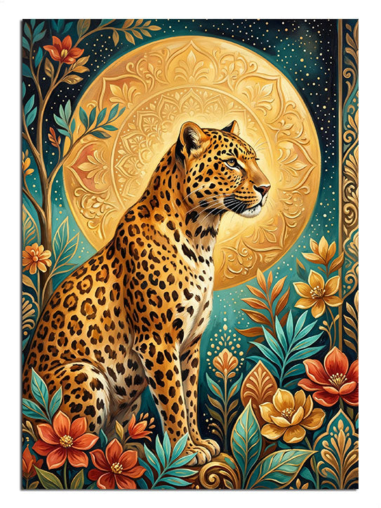 Dolunay altında çiçekler arasında altın leopar, hayvan tablosu.