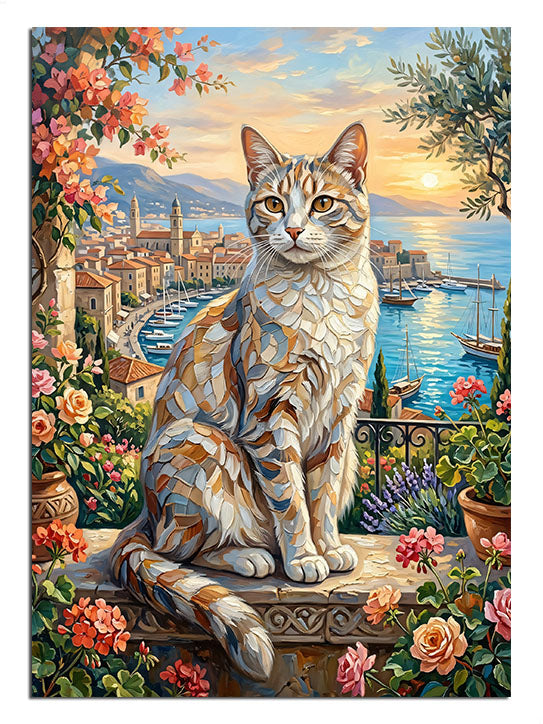 Çiçekli balkonda oturan ve liman manzaralı tekir kedi, hayvan tablosu.