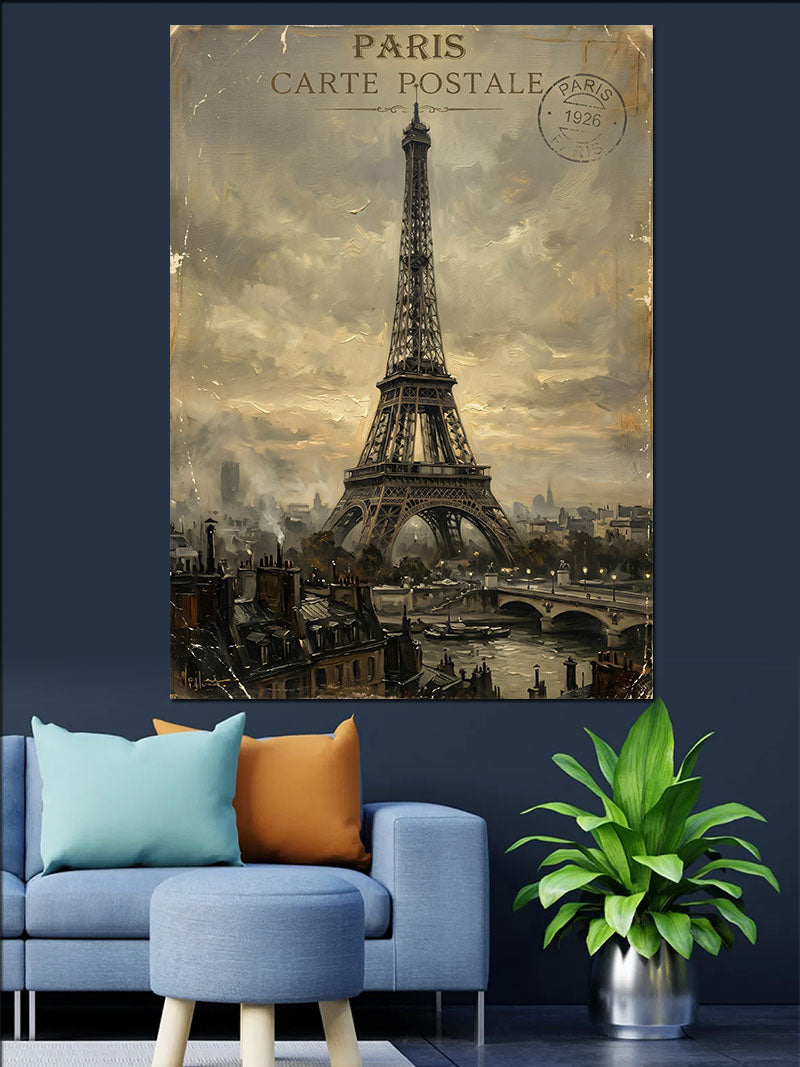 Paris Eyfel Kulesi Vintage Kartpostal Kanvas Tablo