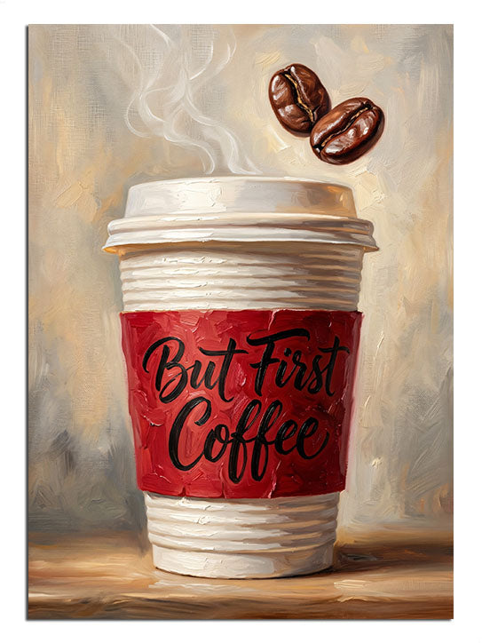 But First Coffee yazılı kağıt bardak ve kahve çekirdeği, yiyecek tablosu.