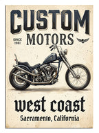 Custom Motors West Coast yazılı motosiklet poster, araç tablosu.
