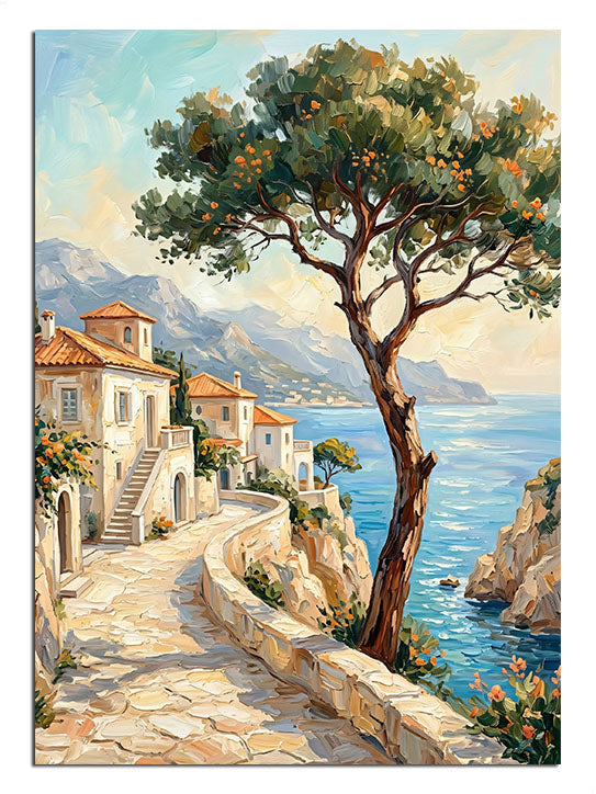 Ege kıyısında limon ağaçlı taş yol ve beyaz evler manzara tablosu.