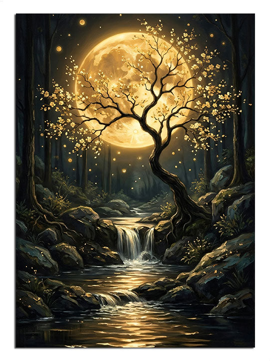 Dolunay ışığında ışıltılı ağaç altında şelale akan fantastik gece tablosu.