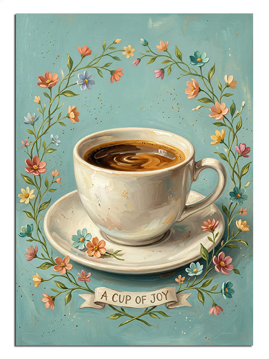 A CUP OF JOY yazılı çiçek çerçeveli kahve fincanı mutfak tablosu.