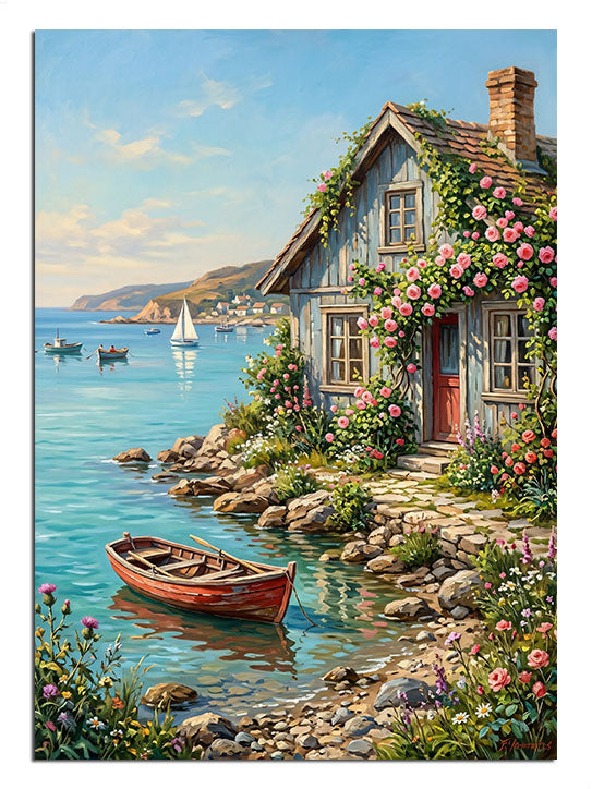 Gülleriyle kaplı deniz kenarı taş kulübe ve kırmızı sandal manzarası.