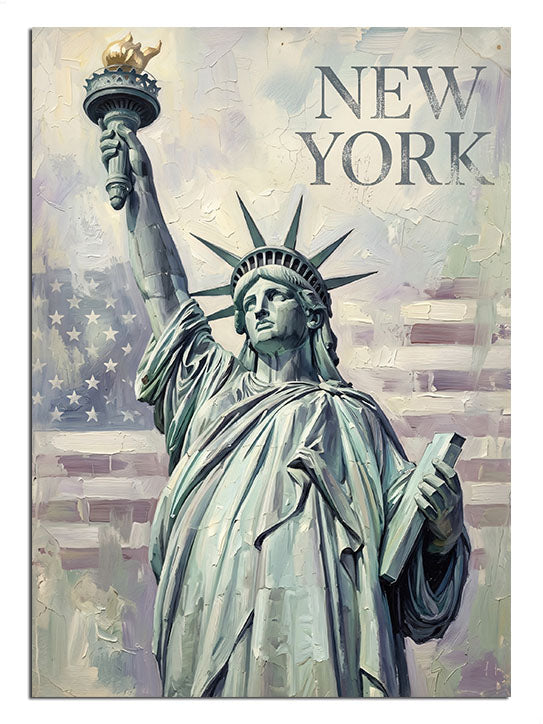 NEW YORK yazılı Amerikan bayrağı fonlu Özgürlük Anıtı simge tablosu.