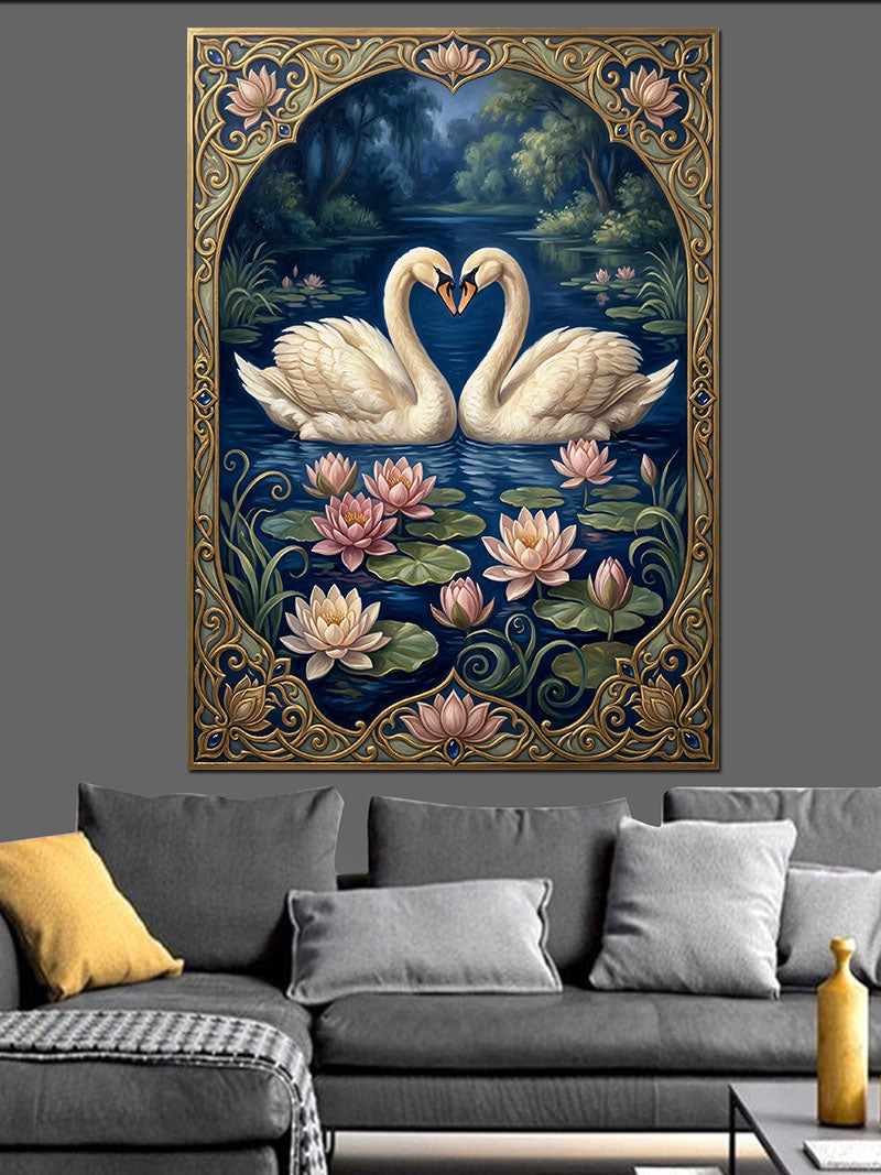 Lotus Gölünde Kalpli Kuğu Çifti Kanvas Tablo