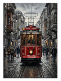 İstanbul İstiklal Caddesi'nde kırmızı tramvay ve kalabalık sokak tablosu.