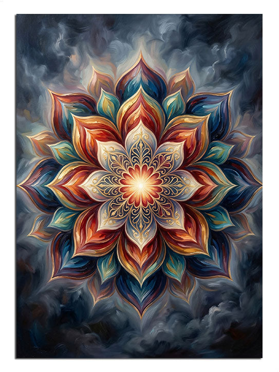 Koyu fonda renkli ışıklı mandala çiçek meditasyon ve yoga tablosu.
