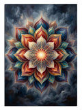 Koyu fonda renkli ışıklı mandala çiçek meditasyon ve yoga tablosu.