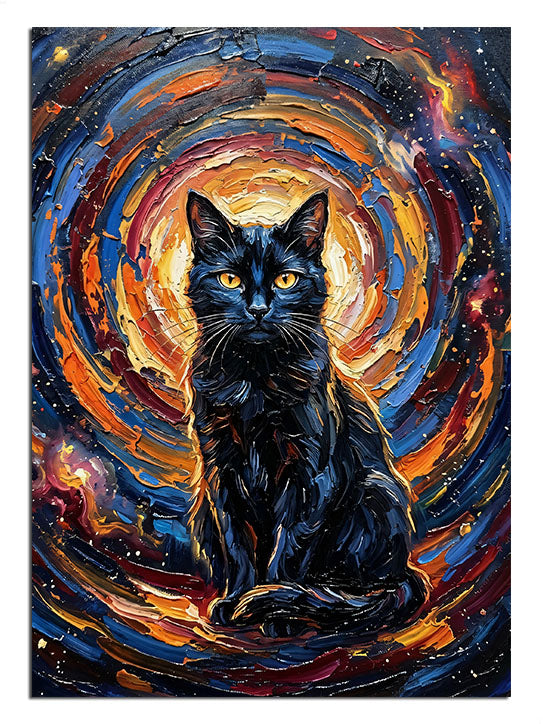 Turuncu galaksi girdabı içinde oturan sarı gözlü kara kedi tablosu.